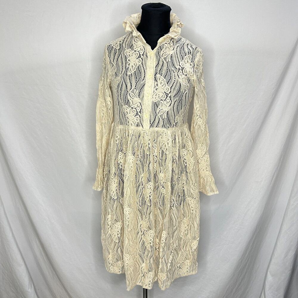 Women's Sheer Lace Butterflies Shirt Dress Beige Size Medium